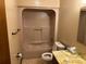 A retro bathroom featuring a tub and shower combo, standard toilet and small vanity sink at 111 Craven Rd, Ladson, SC 29456