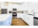 Bright kitchen featuring white cabinets, stainless steel appliances, and a blue kitchen island at 1701 A Palmetto Blvd, Edisto Island, SC 29438