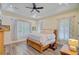 Bright bedroom with a tray ceiling, ceiling fan and floral bedding at 225 Ridge Rd, Ridgeville, SC 29472