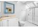 Bathroom with white walls, a vanity with cream countertop, and glass enclosed shower at 1116 Daffodil Ln, Mount Pleasant, SC 29464