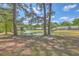 Scenic view of a community pond featuring a fountain and a picnic table under mature trees, enhancing the outdoor experience at 1507 Blaze Ln, Charleston, SC 29412
