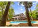 Private backyard with mature trees, a swimming pool, an outdoor kitchen, and a screened-in porch at 312 E Shepard Ln, Summerville, SC 29483