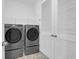 Modern laundry room with gray washer and dryer units, plus convenient shelving and closet space at 1238 Homecoming Blvd Blvd, Ravenel, SC 29470