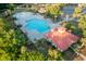 Aerial view showcases community pool with splash pad, palm trees, and building with red roof at 8035 Mckayla Rd, Summerville, SC 29483
