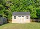 Close-up of backyard shed with manicured lawn and partial wood fence at 8035 Mckayla Rd, Summerville, SC 29483