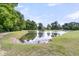 Scenic pond surrounded by lush trees, grassy banks and rock detail at 822 Rue Dr, Charleston, SC 29414