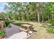 Well-maintained backyard featuring lush green grass, mature trees, and a picnic table for outdoor enjoyment at 107 Jacks Ln, Bonneau, SC 29431