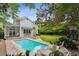 Beautiful backyard with a sparkling pool, a covered patio with lounge seating, a bar area and a manicured lawn at 2158 Westrivers Rd, Charleston, SC 29412
