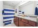 Bathroom featuring dual sinks, wood cabinets, and a blue striped shower curtain at 2324 Town Woods Rd, Charleston, SC 29414