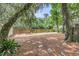 Large backyard featuring mature trees, a wooden fence, and stone pavers, creating a serene outdoor space at 3293 River Rd, Johns Island, SC 29455