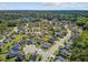 An aerial shot captures a residential community with a blend of home styles and well-kept lawns adjacent to a greenbelt under sunny skies at 3801 Canary Ct, North Charleston, SC 29420