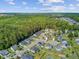 A picturesque aerial view of a community, nestled beside a dense green forest under a partly cloudy sky at 3801 Canary Ct, North Charleston, SC 29420