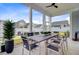 Covered patio with large table, fan and backyard view is ideal for outdoor dining and entertaining at 503 Ivy Green Ln, Summerville, SC 29486
