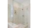 Modern glass shower featuring neutral stone-look tiles, a built-in niche, and elegant gold hardware at 503 Ivy Green Ln, Summerville, SC 29486