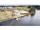 Aerial view featuring a lakefront amenity center with a pool and a pier at 661 Black Pine Rd, Moncks Corner, SC 29461