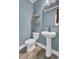 Stylish powder room featuring a pedestal sink, decorative shelves, and modern fixtures at 661 Black Pine Rd, Moncks Corner, SC 29461