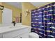 Bathroom with white vanity, patterned shower curtain and star wall decoration at 661 Black Pine Rd, Moncks Corner, SC 29461