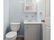 Powder room featuring a pedestal sink, toilet, and white painted trim and vanity at 7914 Dutch Ct, North Charleston, SC 29420