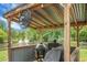 Backyard outdoor kitchen with stainless steel grill, ceiling fan, and view of river at 1485 Endicot Way, Mount Pleasant, SC 29466