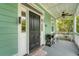Charming front porch featuring a ceiling fan, black front door, and a 'Welcome' mat at 209 Forsythia Ave, Summerville, SC 29483