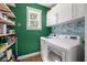 Well-organized laundry room with a window for natural light, storage shelves and cabinets at 2627 Rutherford Way, Charleston, SC 29414