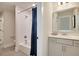 Bathroom featuring a shower/tub combo, a vanity with framed mirror, contemporary lighting and hardware at 3307 Sawlog Dr, Summerville, SC 29486