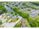A high aerial view of a neighborhood with a lake, community pool, and mature landscaping at 828 Williamsburg Ln, Charleston, SC 29414