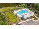 An aerial view of a sparkling community pool surrounded by well-manicured lawns, palm trees, and lounge chairs at 117 Osprey Ridge Ln, Summerville, SC 29483