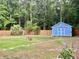 Lush backyard featuring a blue shed, bordered by a wooden fence and mature trees at 1325 Edward Dr, Moncks Corner, SC 29461