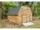 This backyard includes a wooden storage shed with double doors and a concrete foundation at 1621 Point Park Dr, Johns Island, SC 29455
