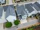 Aerial view showcasing backyard of house, including patio, sidewalks, and neighboring homes and streets at 1661 Indy Dr, North Charleston, SC 29405
