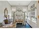 Charming bedroom featuring a canopy bed, striped wallpaper, and built-in cabinets at 172 Tradd St, Charleston, SC 29401