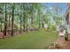 Spacious fenced backyard with a lush lawn, mature trees, and a charming white bench, offering privacy and tranquility at 1985 Shields Ln, Mount Pleasant, SC 29466