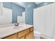 Bathroom features a vanity with a white countertop, wood cabinets, and a shower with a white curtain at 318 Oyster Bay Dr, Summerville, SC 29486