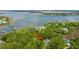 Aerial view of a property surrounded by mature trees near a waterfront with boat docks and distant views of the coast at 3738 Station Point Ct, Mount Pleasant, SC 29466