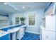 Bright blue bathroom with dual pedestal sinks, stylish tiles, and window at 3738 Station Point Ct, Mount Pleasant, SC 29466