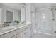 Modern bathroom featuring double sinks, gray cabinets and a glass-enclosed shower at 4557 Mixson Ave, North Charleston, SC 29405