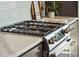 Close-up of a stainless steel stove with white countertops and white tile backsplash in the kitchen at 5 Gadsdenboro St # 204, Charleston, SC 29401