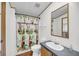 Bathroom featuring a toilet, sink, framed mirror, and kid-friendly shower curtain at 5056 Red Oak Rd, Cottageville, SC 29435