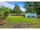 Large grassy backyard featuring a shed, patio with outdoor furniture, and mature trees at 532 Sunset Dr, Charleston, SC 29407