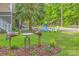 A beautiful backyard with lush green grass, ornamental birds, and an outdoor seating area at 100 Canal Rd, Saint George, SC 29477