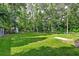 A lush, green backyard with a tree line in the background and a shed on the property at 128 Paul Dr, Summerville, SC 29483