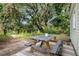 Inviting backyard featuring a picnic table, brick patio, and lush greenery, perfect for outdoor dining at 2128 Golfview Dr, Charleston, SC 29412