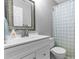 A bathroom featuring a vanity with a sink and faucet, a mirror, and a toilet with a patterned shower curtain at 332 Damascus Dr, Summerville, SC 29483