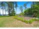 Lush backyard with tall pines, garden beds and peaceful views, perfect for relaxation and enjoying nature at 423 Lake Moultrie Dr, Bonneau, SC 29431