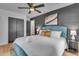 Bright bedroom features a plush bed, with a unique teal headboard and gold accent decor at 5155 Monterey St, North Charleston, SC 29405