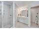 Clean bathroom featuring a glass-enclosed shower, a double sink vanity, and modern fixtures and finishes at 612 S Pointe Blvd, Summerville, SC 29483