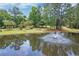 Aerial view of a serene pond with a fountain surrounded by trees, and green space at 7955 Timbercreek Ln # 1807, North Charleston, SC 29418