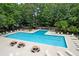 Aerial view of a community pool with lounge chairs and picnic tables surrounded by trees at 7955 Timbercreek Ln # 1807, North Charleston, SC 29418