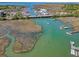 Attractive aerial view displays waterway, docks, marshland, and distant city at 968 Cummings Cir, Mount Pleasant, SC 29464
